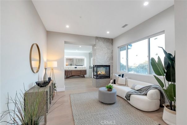 Fireplace, Interior, Living room, Recessed Lighting, Wood Texture Flooring
