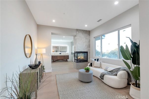 Fireplace, Interior, Living room, Recessed Lighting, Wood Texture Flooring