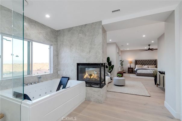 Bedroom, Fireplace, Interior, Living room, Recessed Lighting, Wood Texture Flooring