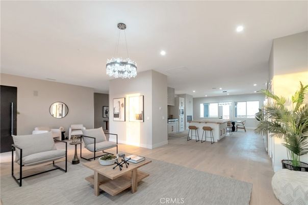 Chandelier, Dining room, Interior, Kitchen, Living room, Recessed Lighting, Wood Texture Flooring