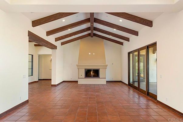Empty room, Fireplace, Interior, Recessed Lighting, Wooden Beams