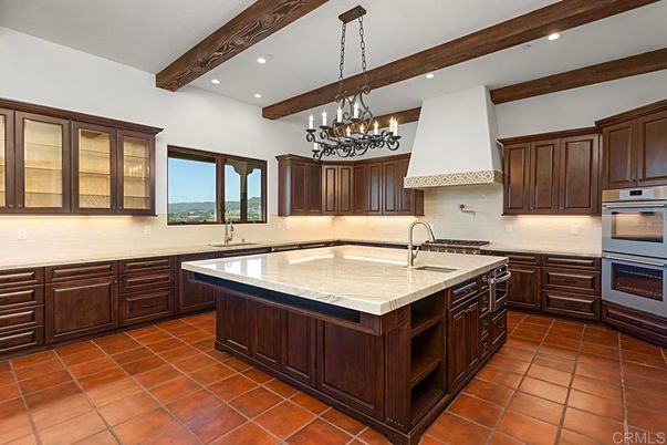 Chandelier, Interior, Kitchen, Recessed Lighting, Stainless Steel Appliances, Wooden Beams