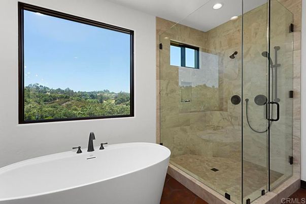 Bathroom, Free Standing Baths, Glass Shower, Interior, Marble Walls, Recessed Lighting