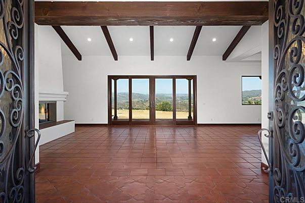 Empty room, Fireplace, Interior, Recessed Lighting, Wooden Beams