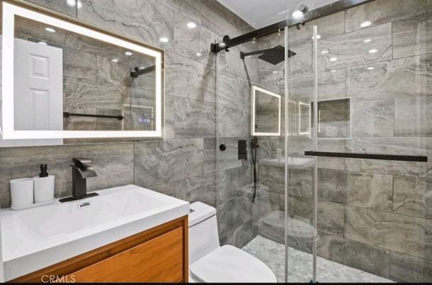 Bathroom, Glass Shower, Interior, Marble Walls, Recessed Lighting