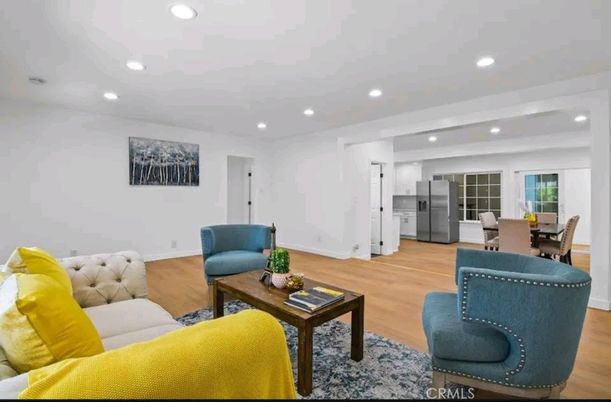 Dining room, Interior, Living room, Recessed Lighting, Wood Texture Flooring