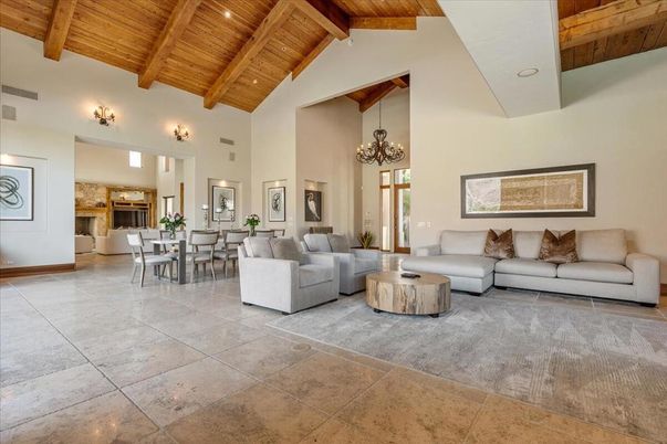 Chandelier, Dining room, Fireplace, Interior, Living room, Recessed Lighting, Wooden Beams, Wooden Ceilings