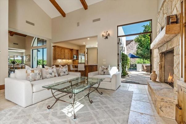 Fireplace, Interior, Kitchen, Living room, Recessed Lighting, Wooden Beams