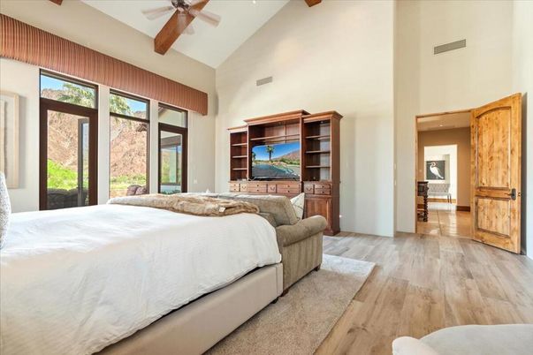 Bedroom, Interior, Recessed Lighting, Wooden Beams, Wood Texture Flooring