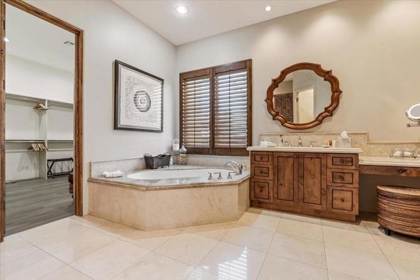 Bathroom, Dual Sink Vanities, Interior, Recessed Lighting, Wood Texture Flooring