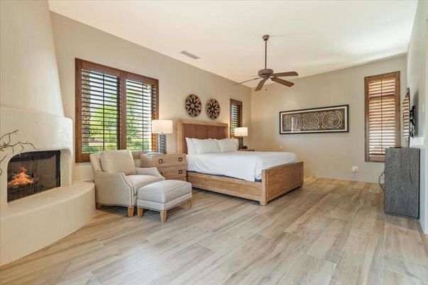 Bedroom, Fireplace, Interior, Wood Texture Flooring
