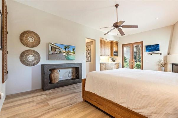 Bedroom, Fireplace, Interior, Recessed Lighting, Wood Texture Flooring