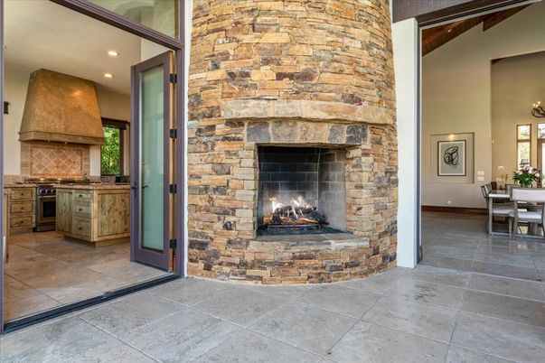 Dining room, Fireplace, Interior, Kitchen, Recessed Lighting, Stone Walls