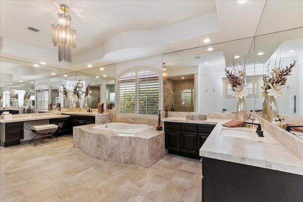 Bathroom, Chandelier, Dual Sink Vanities, Interior, Recessed Lighting