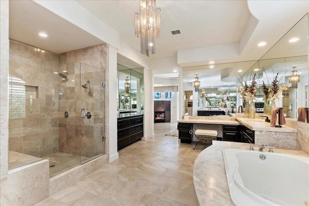 Bathroom, Fireplace, Glass Shower, Interior, Pendant Lights, Recessed Lighting
