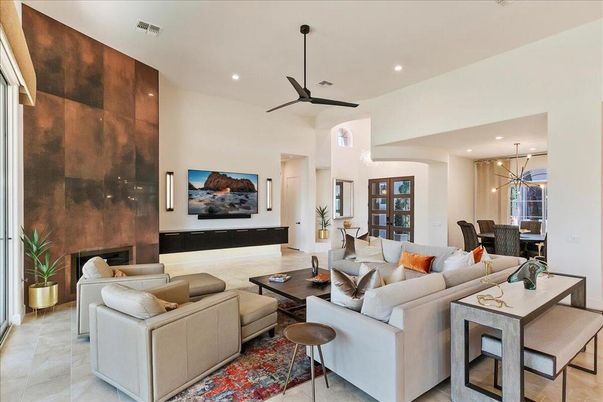 Dining room, Fireplace, Interior, Living room, Pendant Lights, Recessed Lighting