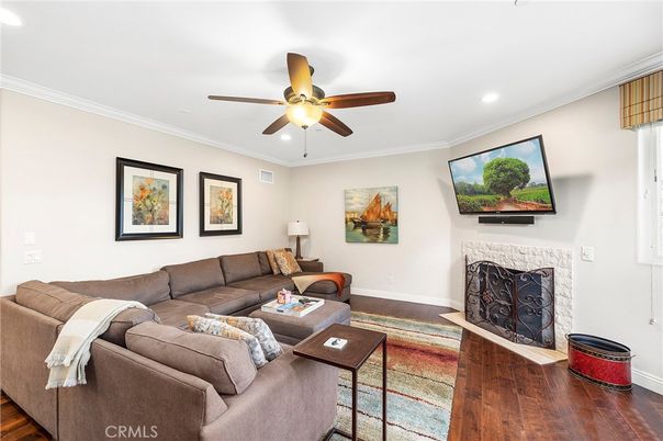 Fireplace, Interior, Living room, Recessed Lighting, Wood Texture Flooring