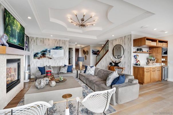 Fireplace, Interior, Living room, Pendant Lights, Recessed Lighting, Wood Texture Flooring