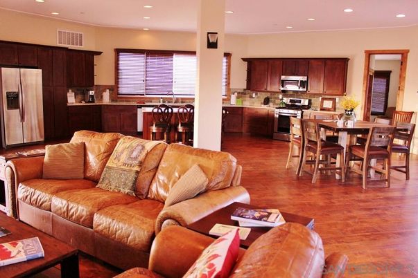 Dining room, Interior, Kitchen, Living room, Recessed Lighting, Stainless Steel Appliances, Wood Texture Flooring