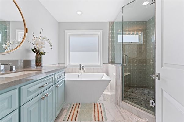 Bathroom, Free Standing Baths, Glass Shower, Interior, Marble, Recessed Lighting