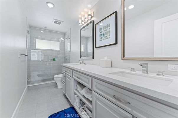 Bathroom, Dual Sink Vanities, Glass Shower, Interior, Recessed Lighting