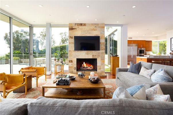 Fireplace, Interior, Kitchen, Living room, Recessed Lighting, Stainless Steel Appliances, Stone Walls