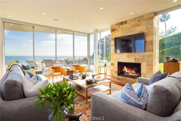 Fireplace, Interior, Living room, Recessed Lighting, Stone Walls, Water