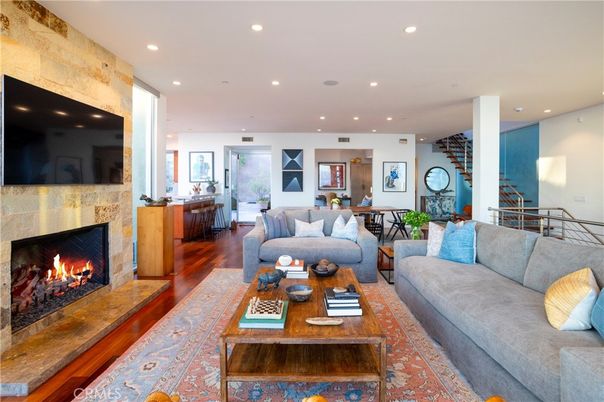 Dining room, Fireplace, Interior, Living room, Recessed Lighting, Wood Texture Flooring
