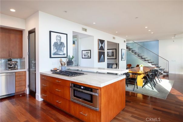 Dining room, Interior, Kitchen, Recessed Lighting, Stainless Steel Appliances, Wood Texture Flooring