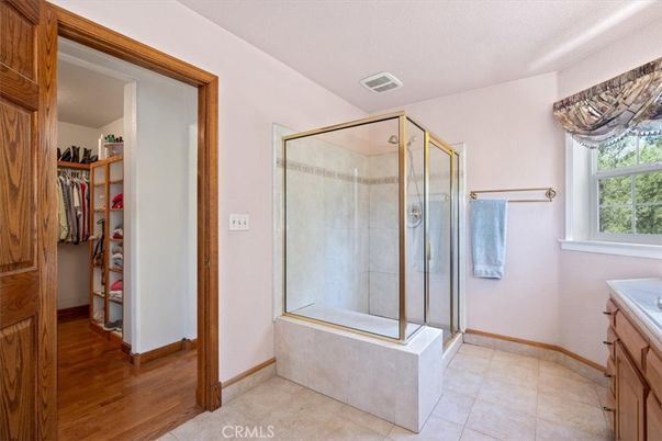 Bathroom, Glass Shower, Interior, Walk-in Closets, Wood Texture Flooring