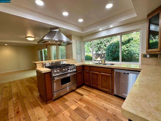 Interior, Kitchen, Recessed Lighting, Stainless Steel Appliances, Wood Texture Flooring