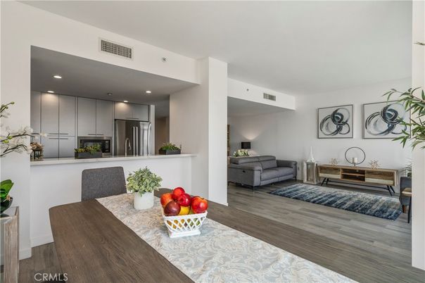 Dining room, Interior, Kitchen, Recessed Lighting, Stainless Steel Appliances, Wood Texture Flooring