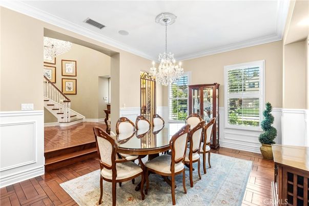Chandelier, Dining room, Interior, Wood Texture Flooring