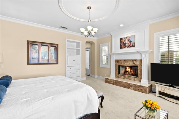 Bedroom, Chandelier, Fireplace, Interior, Recessed Lighting