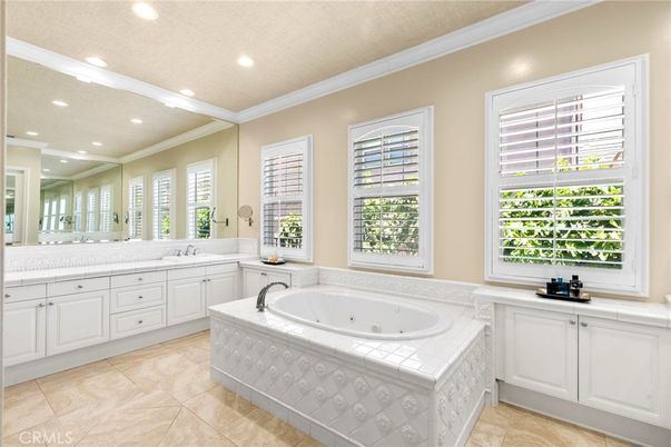 Bathroom, Dual Sink Vanities, Interior, Recessed Lighting, Tile Countertops