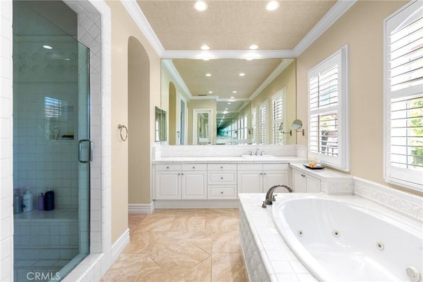 Bathroom, Dual Sink Vanities, Glass Shower, Interior, Recessed Lighting, Tile Countertops