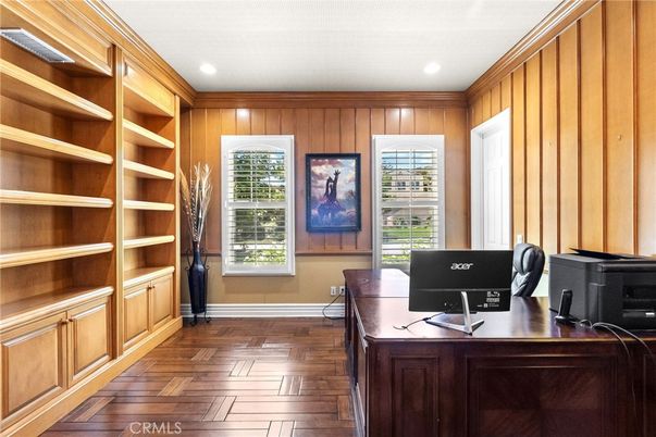 Home Office, Interior, Recessed Lighting, Wood Texture Flooring, Wooden Walls