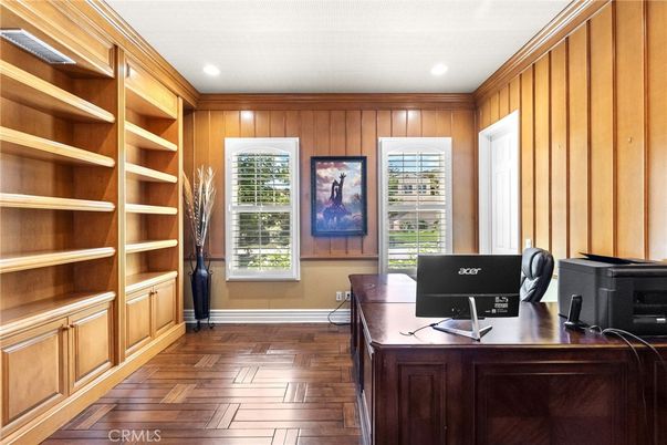 Home Office, Interior, Recessed Lighting, Wood Texture Flooring, Wooden Walls