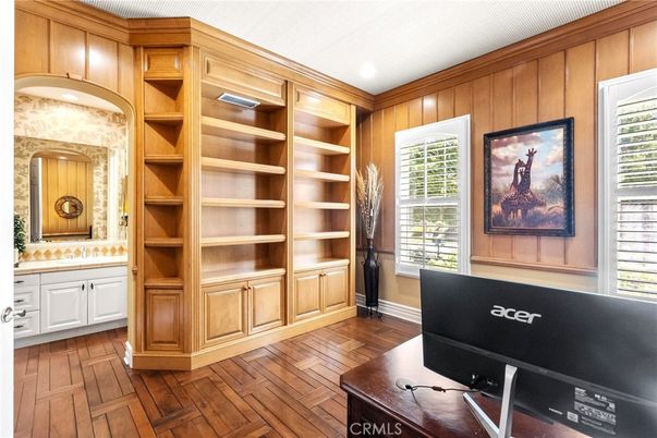 Home Office, Interior, Recessed Lighting, Wood Texture Flooring, Wooden Walls