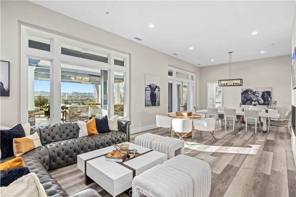 Dining room, Interior, Living room, Pendant Lights, Recessed Lighting, Wood Texture Flooring