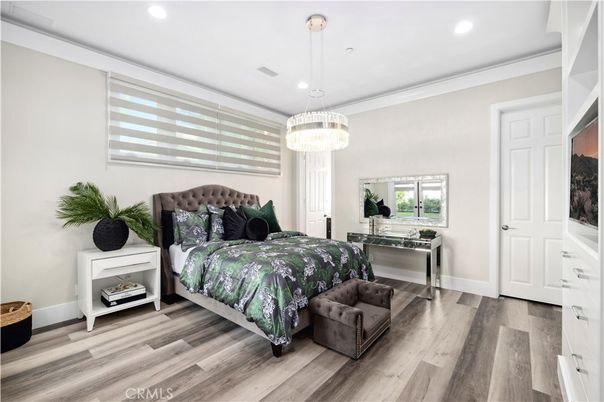 Bedroom, Interior, Pendant Lights, Recessed Lighting, Wood Texture Flooring