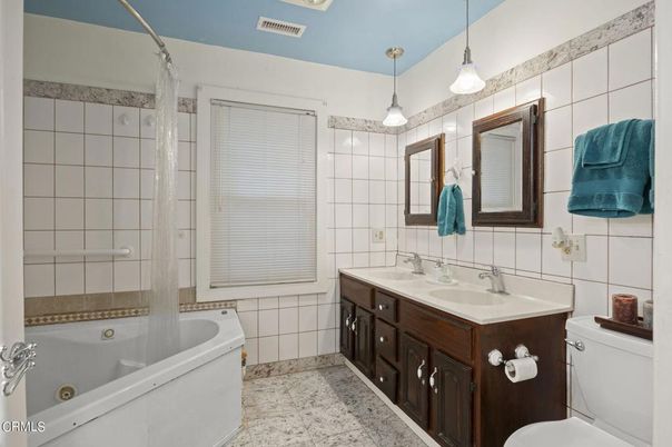 Bathroom, Dual Sink Vanities, Glass Shower, Interior, Pendant Lights