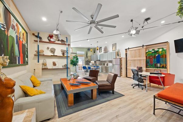 Home Office, Interior, Kitchen, Living room, Pendant Lights, Recessed Lighting, Stainless Steel Appliances, Wood Texture Flooring