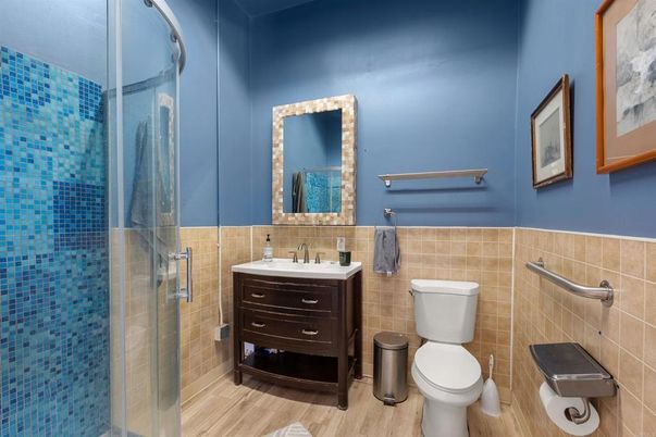 Bathroom, Glass Shower, Interior, Wood Texture Flooring