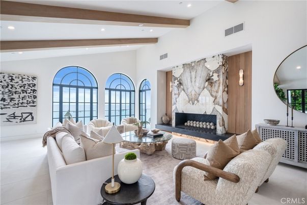 Fireplace, Interior, Living room, Recessed Lighting, Wooden Beams