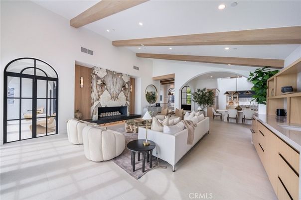 Dining room, Fireplace, Interior, Living room, Pendant Lights, Recessed Lighting, Wooden Beams