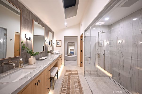 Bathroom, Dual Sink Vanities, Glass Shower, Interior, Marble Walls, Recessed Lighting