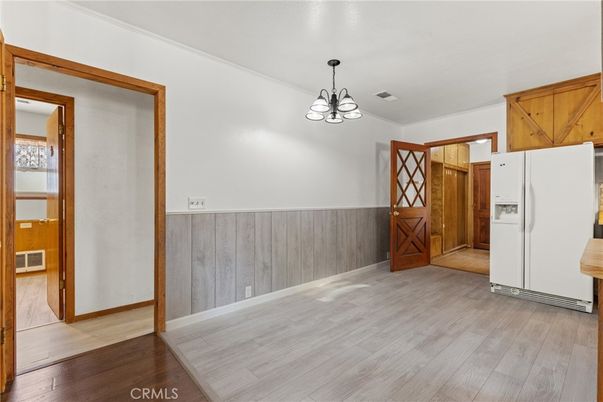 Chandelier, Empty room, Interior, Kitchen, Pendant Lights, Wood Texture Flooring