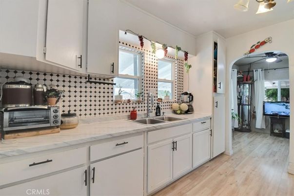 Interior, Kitchen, Tile Countertops, Wood Texture Flooring