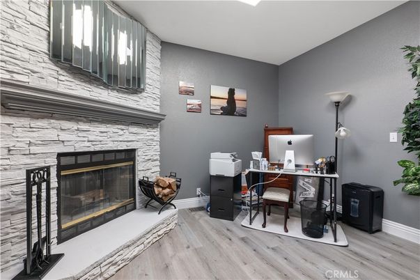 Fireplace, Home Office, Interior, Stone Walls, Wood Texture Flooring